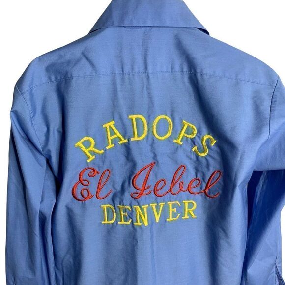 Vintage 70s Button Up Uniform Shirt M Blue El Jebel Radio Embroidered Pockets - Picture 2 of 9